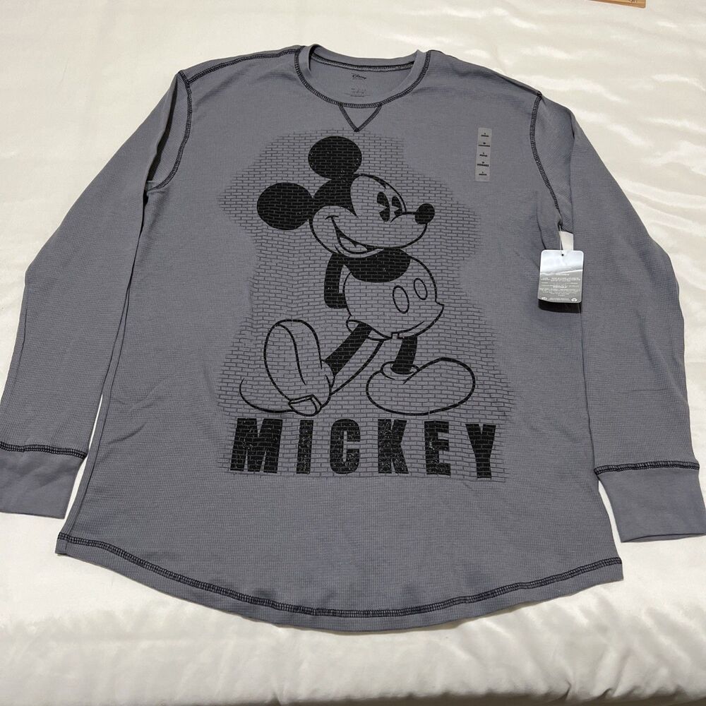 NWT Disney Store Mickey Mouse Thermal Waffle Knit Grey Black Long Sleeve Shirt L